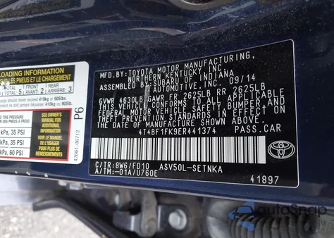 2014 Toyota Camry Le из США, поврежденный, VIN 4T4BF1FK9ER441374